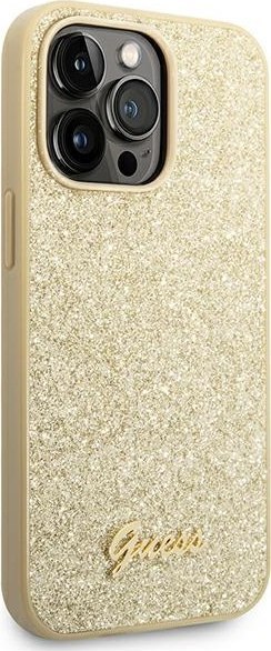 Etui na telefon iPhone 14 Pro Max Guess złote hard case Glitter Script