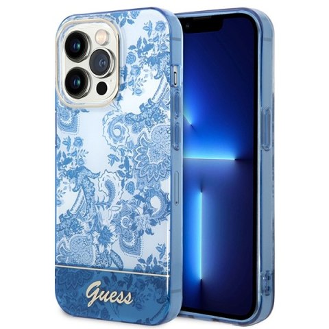 Etui iPhone 14 Pro Max Guess niebieskie hard case Porcelain Collection