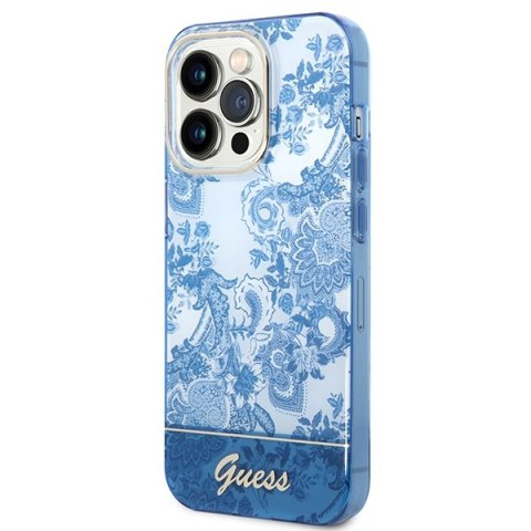 Etui iPhone 14 Pro Max Guess niebieskie hard case Porcelain Collection