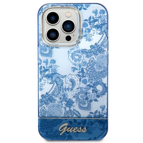 Etui iPhone 14 Pro Max Guess niebieskie hard case Porcelain Collection