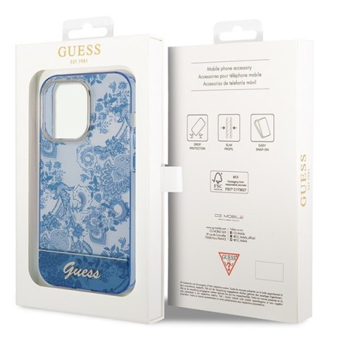 Etui iPhone 14 Pro Max Guess niebieskie hard case Porcelain Collection