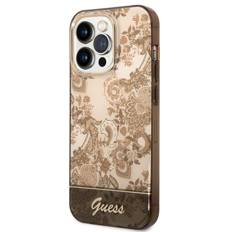 Etui iPhone 14 Pro Max Guess ochrowe hard case Porcelain Collection