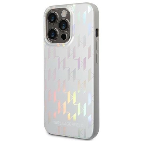 Etui na telefon iPhone 14 Pro Max Karl Lagerfeld srebrne Monogram Iridescent