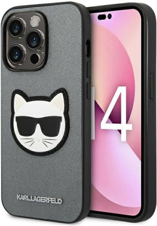 Etui iPhone 14 Pro Max Karl Lagerfeld srebrne Saffiano Choupette Head Patch