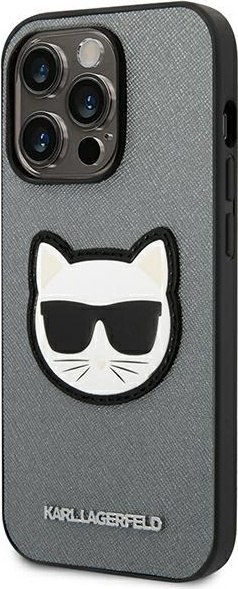 Etui iPhone 14 Pro Max Karl Lagerfeld srebrne Saffiano Choupette Head Patch