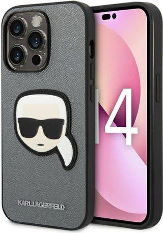 Etui iPhone 14 Pro Max Karl Lagerfeld srebrne Saffiano Karl`s Head Patch