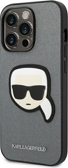 Etui iPhone 14 Pro Max Karl Lagerfeld srebrne Saffiano Karl`s Head Patch