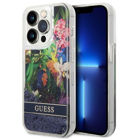 Etui na telefon iPhone 14 Pro Max Guess niebieskie z brokatem kwiaty