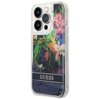 Etui iPhone 14 Pro Max Guess niebieskie hard case Flower Liquid Glitter