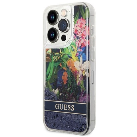 Etui na telefon iPhone 14 Pro Max Guess niebieskie z brokatem kwiaty