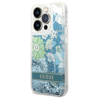 Etui iPhone 14 Pro Max Guess zielone hard case Flower Liquid Glitter