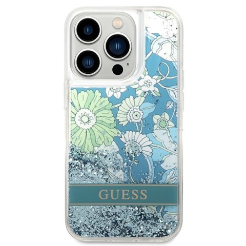 Etui na telefon iPhone 14 Pro Max Guess zielone z brokatem Flower