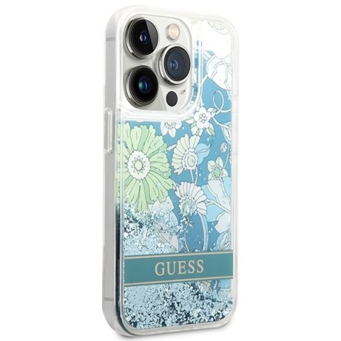 Etui na telefon iPhone 14 Pro Max Guess zielone z brokatem Flower