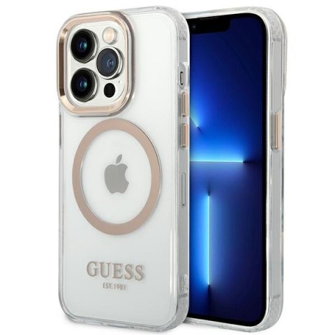 Etui na telefon iPhone 14 Pro Max Guess Metal Outline MagSafe złote