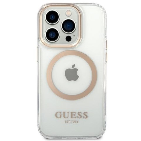 Etui na telefon iPhone 14 Pro Max Guess Metal Outline MagSafe złote