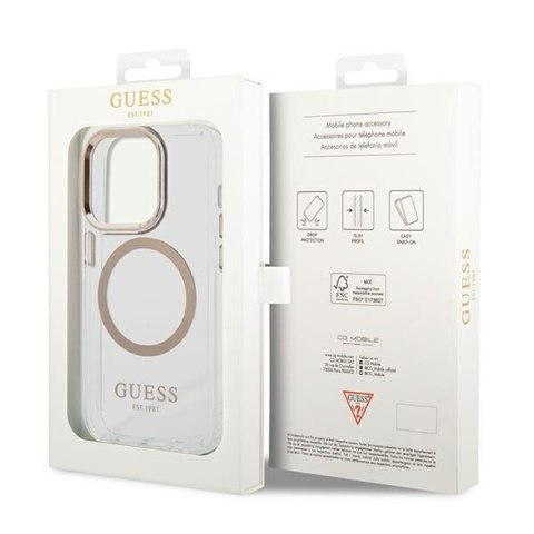 Etui na telefon iPhone 14 Pro Max Guess Metal Outline MagSafe złote