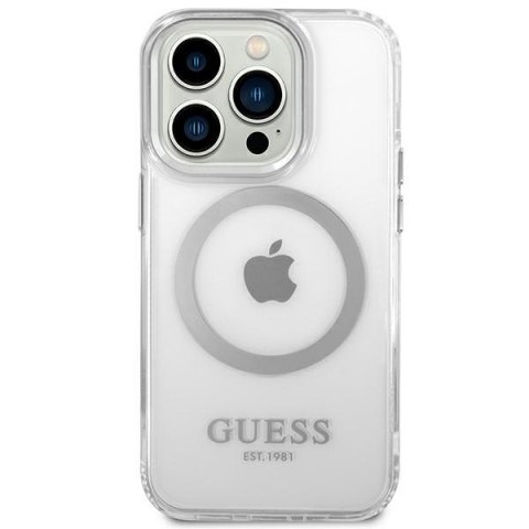 Etui na telefon iPhone 14 Pro Max Guess Metal Outline MagSafe srebrne