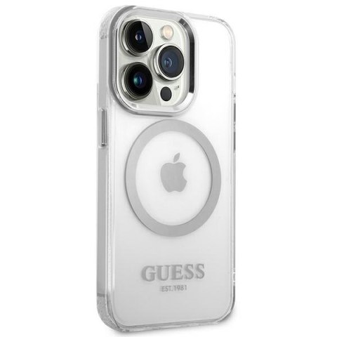 Etui na telefon iPhone 14 Pro Max Guess Metal Outline MagSafe srebrne