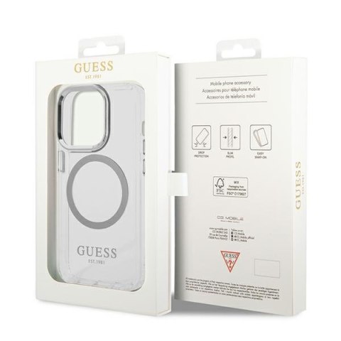 Etui na telefon iPhone 14 Pro Max Guess Metal Outline MagSafe srebrne