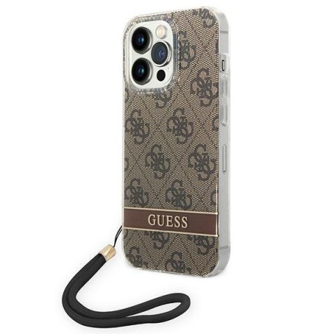 Etui na telefon iPhone 14 Pro Max Guess 4G Print Strap brązowe