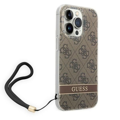 Etui na telefon iPhone 14 Pro Max Guess 4G Print Strap brązowe