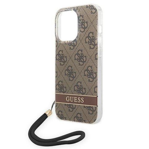 Etui na telefon iPhone 14 Pro Max Guess 4G Print Strap brązowe