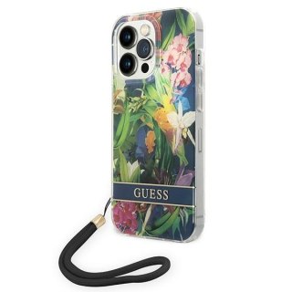 Etui na telefon iPhone 14 Pro Max Guess Flower Strap niebieskie