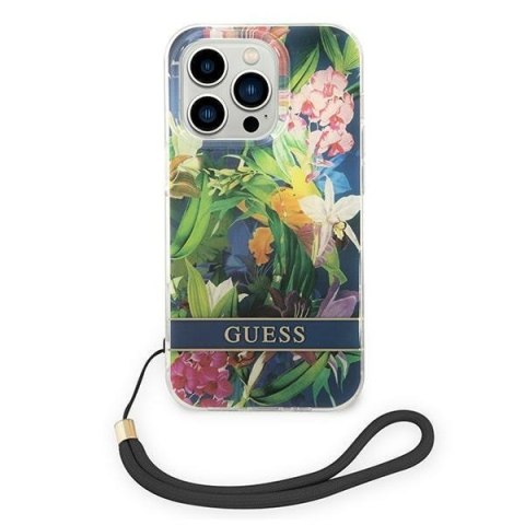 Etui na telefon iPhone 14 Pro Max Guess Flower Strap niebieskie