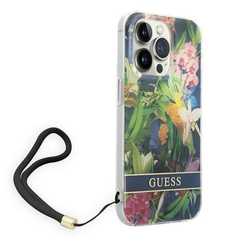 Etui na telefon iPhone 14 Pro Max Guess Flower Strap niebieskie