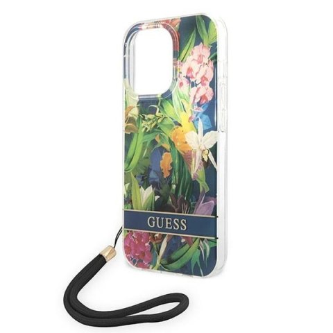 Etui na telefon iPhone 14 Pro Max Guess Flower Strap niebieskie