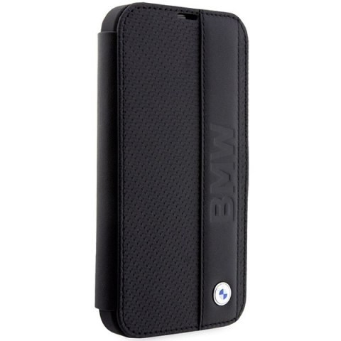 Etui iPhone 14 Pro Max BMW bookcase Leather Textured & Stripe czarny