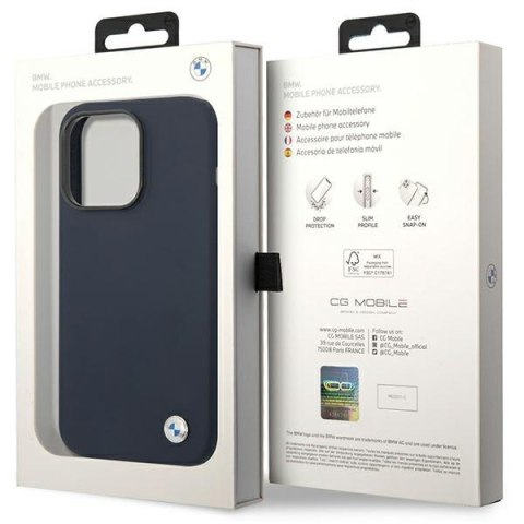 Etui na telefon iPhone 14 Pro Max BMW granatowe z silikonem i logo