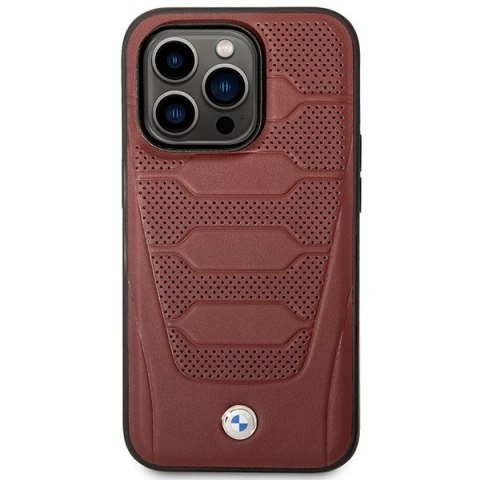 Etui iPhone 14 Pro Max BMW burgundowe Leather Seats Pattern MagSafe