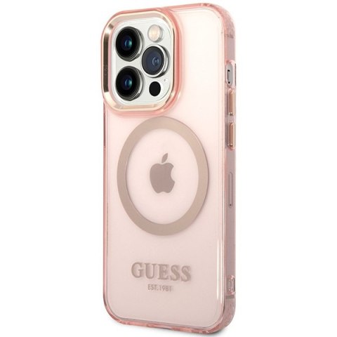 Etui na telefon iPhone 14 Pro Max Guess Gold Outline MagSafe różowe