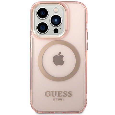 Etui na telefon iPhone 14 Pro Max Guess Gold Outline MagSafe różowe