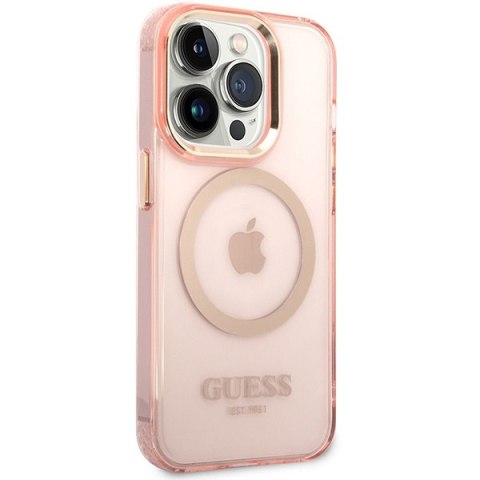 Etui na telefon iPhone 14 Pro Max Guess Gold Outline MagSafe różowe