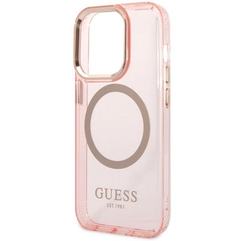 Etui na telefon iPhone 14 Pro Max Guess Gold Outline MagSafe różowe