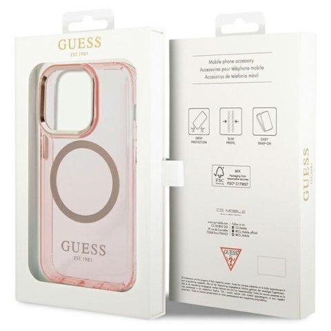 Etui na telefon iPhone 14 Pro Max Guess Gold Outline MagSafe różowe