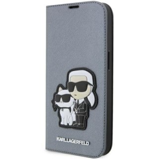 Etui iPhone 14 Pro Max Karl Lagerfeld bookcase srebrne Saffiano Karl & Choupette