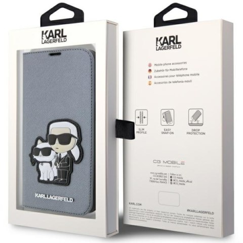 Etui iPhone 14 Pro Max Karl Lagerfeld bookcase srebrne Saffiano Karl & Choupette