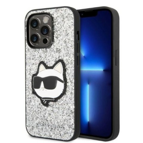 Etui iPhone 14 Pro Max Karl Lagerfeld srebrne Glitter Choupette Patch