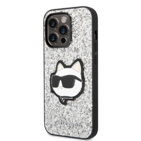 Etui iPhone 14 Pro Max Karl Lagerfeld srebrne Glitter Choupette Patch