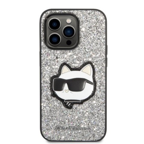 Etui iPhone 14 Pro Max Karl Lagerfeld srebrne Glitter Choupette Patch