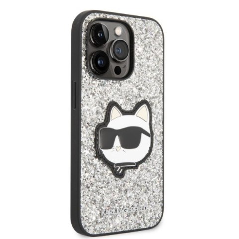 Etui iPhone 14 Pro Max Karl Lagerfeld srebrne Glitter Choupette Patch