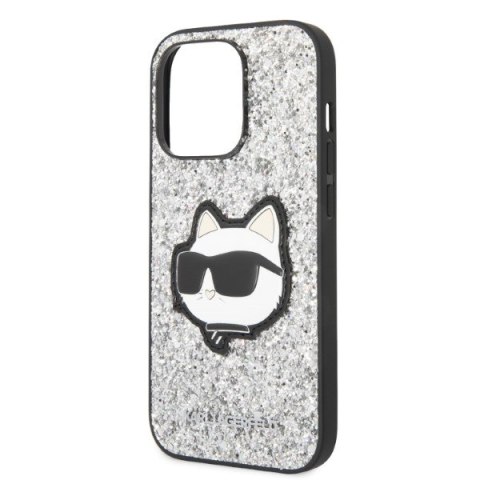 Etui iPhone 14 Pro Max Karl Lagerfeld srebrne Glitter Choupette Patch