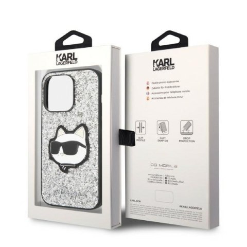 Etui iPhone 14 Pro Max Karl Lagerfeld srebrne Glitter Choupette Patch