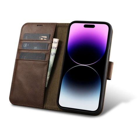 Etui na telefon iPhone 14 Pro Max iCarer Oil Wax Wallet Anti-RFID brązowe