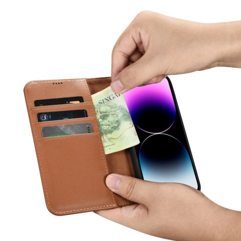 Etui na telefon iPhone 14 Pro Max iCarer Wallet Anti-RFID brązowe