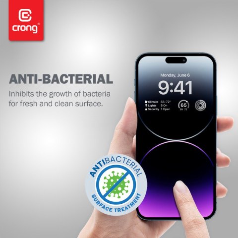 Szkło hartowane iPhone 14 Pro Max Crong Anti-Bacterial 3D Armour Glass + ramka instalacyjna