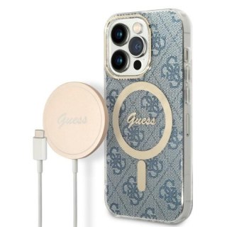 Zestaw Apple iPhone 14 Pro Max Guess 4G Print MagSafe niebieski + ładowarka bezprzewodowa